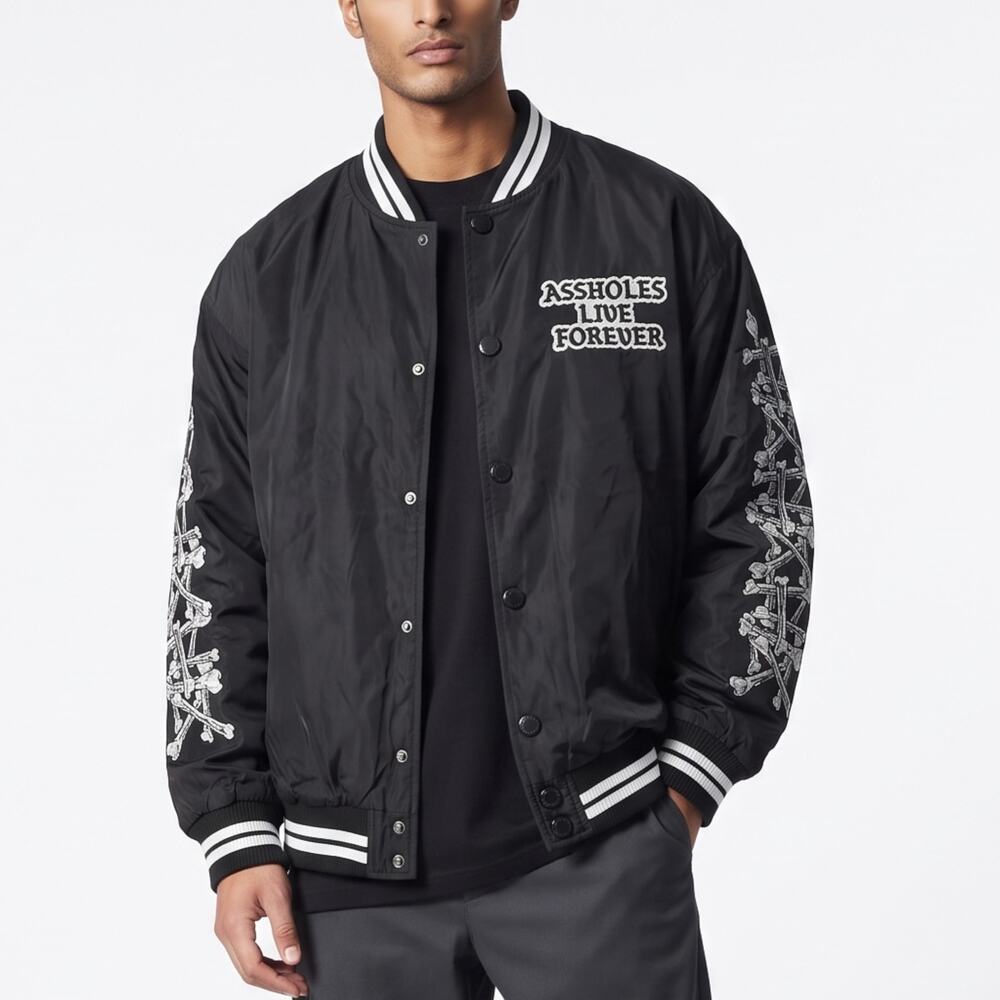 A**Holes Live Forever Jacket Mens Size Medium Black Crossbones Varsity Bomber